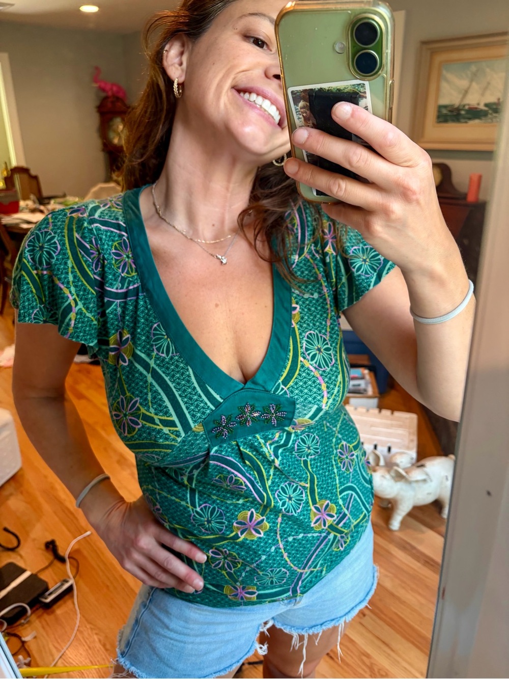 Y2K Green Floral Beaded Empire Waist V Neck Top Size Small
